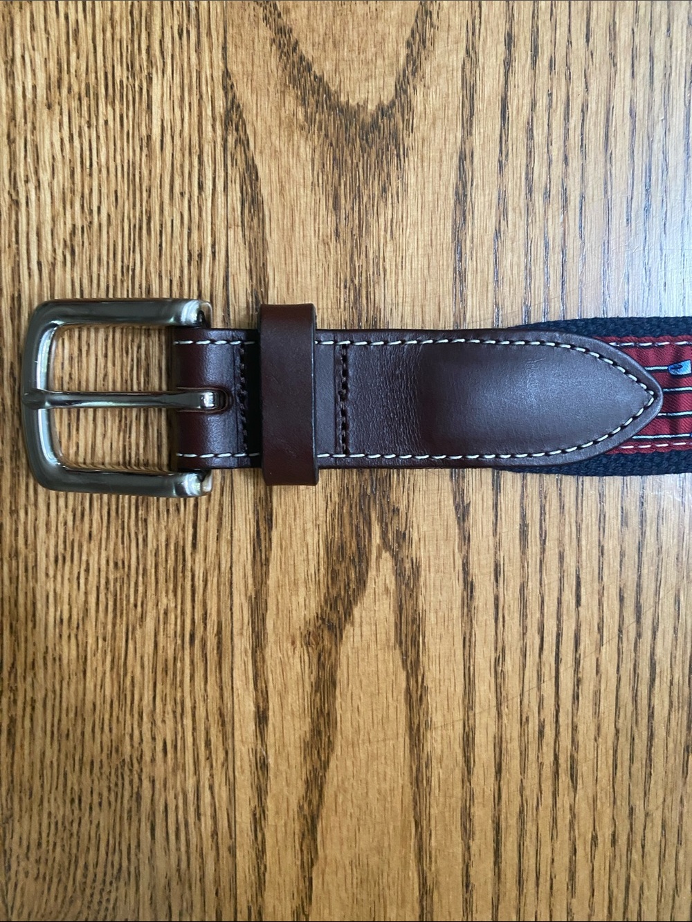 NWOT Men's Vinyard Vines belt brass brown leather trim canvass rowing size 32 - Picture 8 of 10